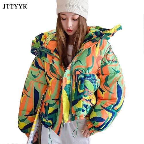 2021Korean Fashion Oversize Winter Down Jacket Women Graffiti Print Hooded Short Parka Girls Thick Streetwear Warm Padded Coats
