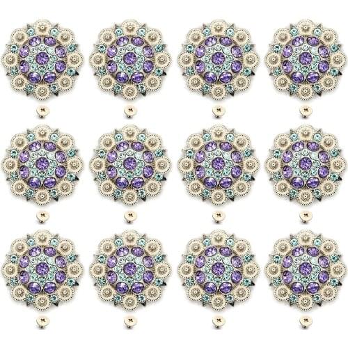 12pcs/lots ligh purple Diameter 3.7CM Metal flower Conchos white rhinestone decoration Belt accessories accessories
