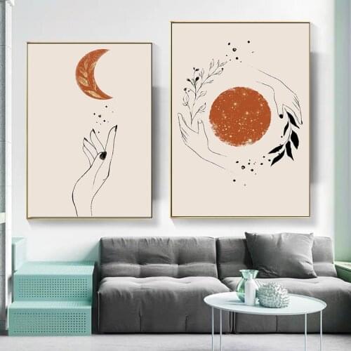 Abstract Mystic Hand Sun and Moon Scene Boho Canvas Painting Nordic Prints And Posters Wall Art Pictures For Living Room Decor