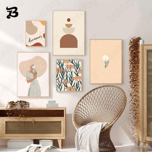Abstract Retro Flower Wall Art Canvas Painting Nordic Posters and Prints Girl Flowers and Patterns Wall Pictures for Living Room
