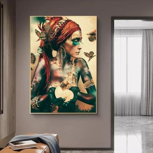 African woman with butterfly canvas painting modern colorful girl art print wall prints and posters for living room decoration
