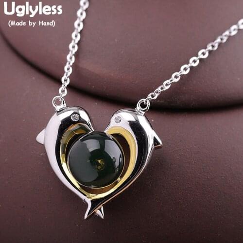 Uglyless Cuties LOVE Dolphins Pendants for Women Gradient Mexico Amber Necklace NO Chain Heart Pendant Jewelry 925 Silver P1143