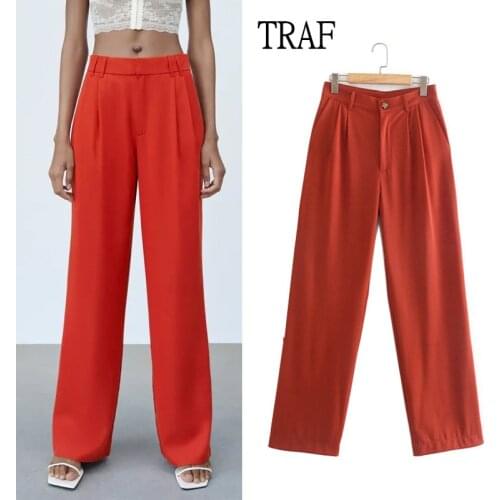 TRAF Za Women 2021 Autumn Red Color Pockets Casual Straight Pants Female Hight Waist Long Trousers Vintage Zipper Woman Pant