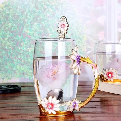 Color Enamel glass coffee mugs with spoon flower tea milk cup china rose handgrip Europe heat resistant drinkware