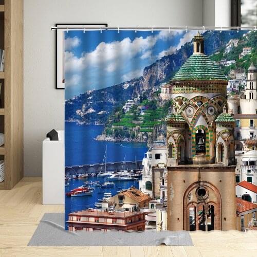 Europe City Greece White Santorini Sea View Island Pattern Shower Curtain Nature Scenery Bath Curtains Bathtub Decor With Hooks