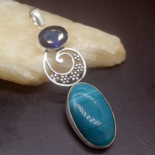 Gemstonefactory Jewelry Big Promotion 925 Silver Botswana Agate Magic Blue Topaz Women Ladies Mom Gifts Necklace Pendant 0460