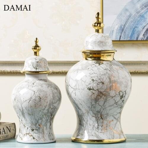 Marble Texture Ceramic Vase Chinese Modern Gold Inlay Flowers Vases Living Room Porcelain Crafts Decorative Ornaments Home Decor
