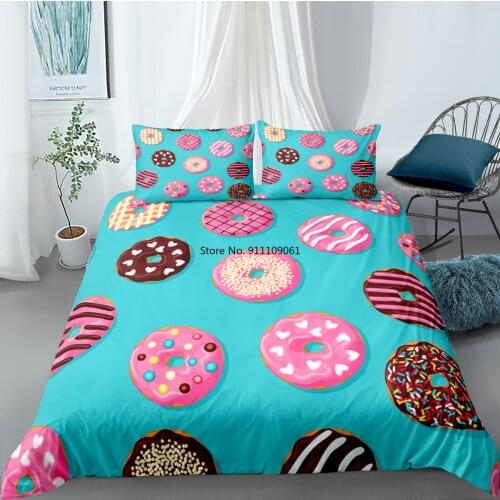 Donuts Duvet Cover Set Cute Chocolate Donuts Printed Bedding Sets 2-3pcs Kids Boys Girls Food Quilt Cover Queen King Bedclothes