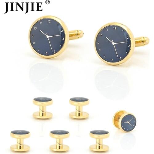 Best New Design Wedding Tuxedo 6 Cuff Studs and Gold with Blue Watch Cufflinks Gift Set for Men French Shirt Mens Jewelry