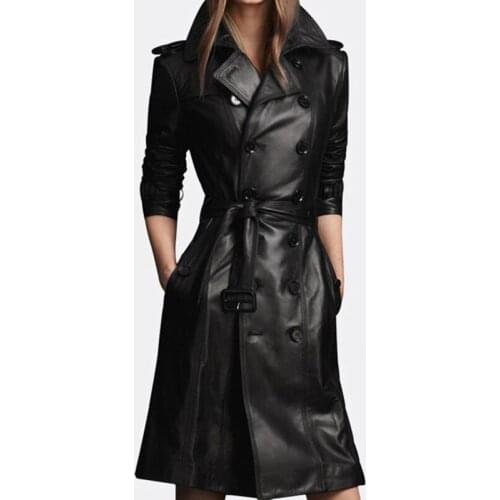 Plus Size Full Sleeve Female Overcoat Double Breasted Belted Long Coat Windbreaker Women Autumn Winter PU Leather Quilted Trench
