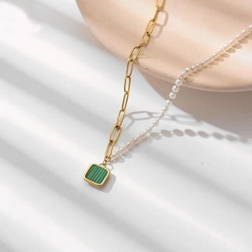 Stainless Steel Minimalism Turquoises Stone Pearl Gold Chain Link Pendant Necklace Women Fashion Delicate Jewelry Gift For Him