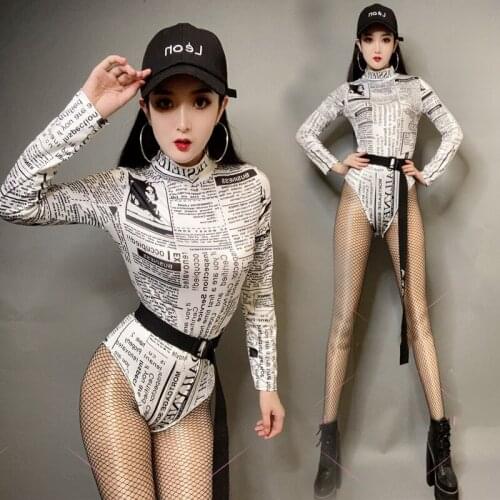 New Hip Hop Costumes Adults Print Long Sleeve Bodysuit Women Street Dance Clothes Nightclub Bar Dj Ds Performance Wear DNV13381