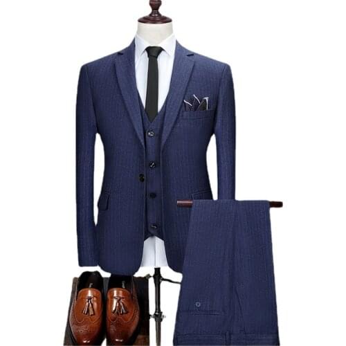 Jacket+Vest+Pants) Brand Fashion Boutique Striped Slim Mens Slim Fit Business Casual Suit 3pcs Set Groom Wedding Dress Tuxedo