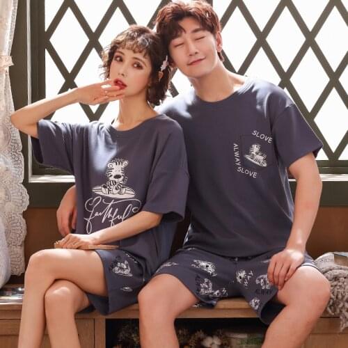 SLPBELY Couple Pajamas Set Summer Pyjama Femme Male Cotton Cartoon Short Sleeved Men And Women Sleepwear Pijama Lover Homewear