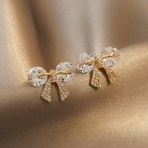 Origin Summer Korean Fashion Bow-knot Stud Earring for Women Bling Bling Rhinestone Gold Metal Party Earring Jewellery Gifts