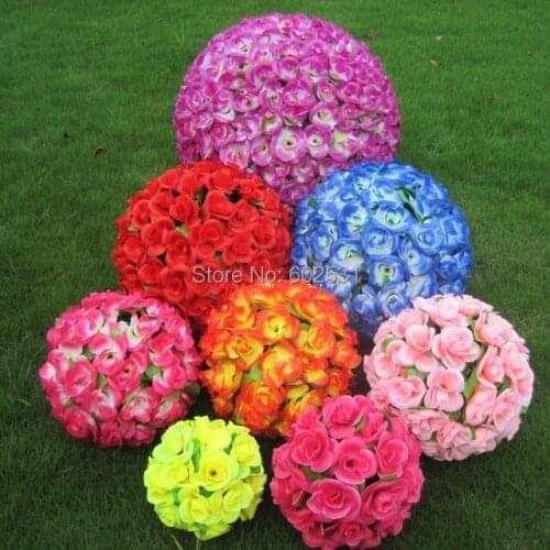 Wedding Decorations Silk Kissing Pomander rose Flowers Balls with green leave 22colors15cm/6 inch Wedding bouquet Free Shipping