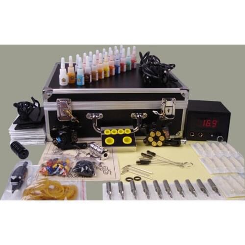 Professional 2 Machines Tattoo Gun Pen Tattoo Kit Machine Power 20 Colors Inks Foot switch Needles Set with Carrying Box