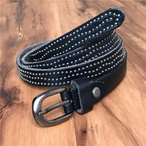 Vintage Punk Rivet Women Belt Genuine Leather Metal Belts For Women Ceinture Femme Thin Cowgirl Belt Female Cinto WBT0077