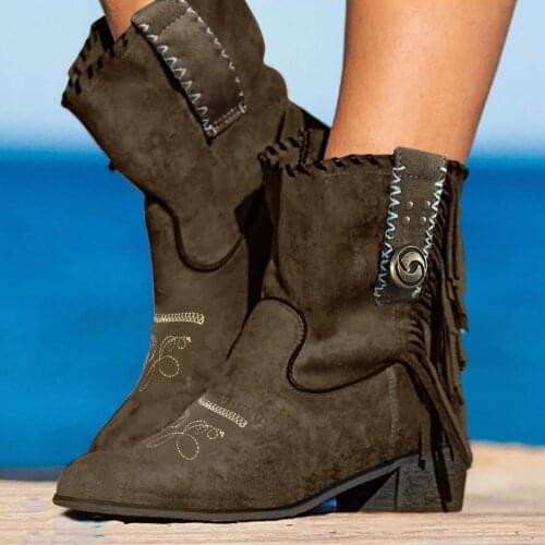 Womens Boots Plus Size Ladies Retro Fashion Autumn Winter Comfortable Flock Embroidery Tassel Cowboy Boots botas femininas