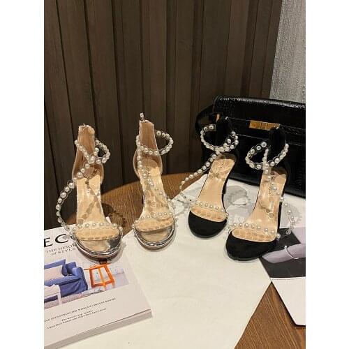 Trendy Hot Sale Transparent Buckle Pearl Ladies Sandals Summer Fashion Sexy Stiletto Pure Color High Heels Exquisite