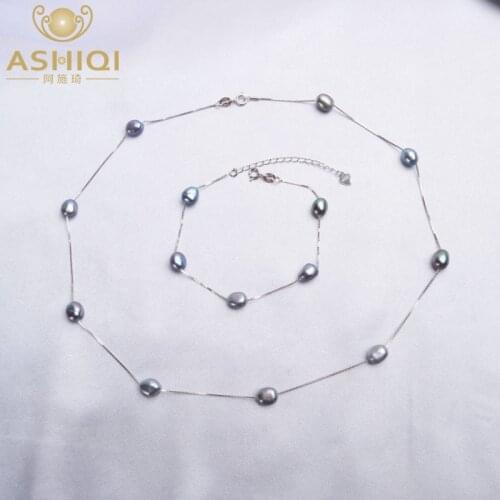 ASHIQI Natural Baroque Pearl Necklace Bracelet with 925 Sterling Silver Chain 6-7mm Freshwater Pearl Jewelry Sets For Women