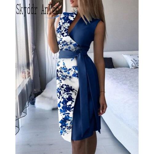 Summer Dresses For Women 2021 Floral Printed Patchwork Sleeveless Slim Elegant Office Dress Tunics Vestidos Mujer
