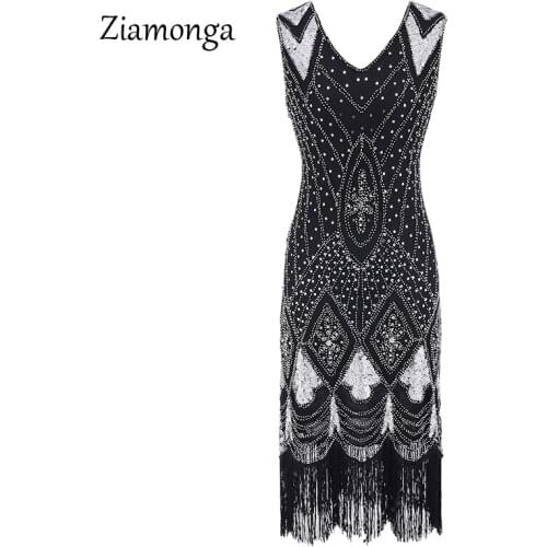 Ziamonga Women 1920s Vintage Great Gatsby Dress Sequins Dress V-Neck Tassels Bodycon Beaded Maxi Party Dress Flapper Long Dress