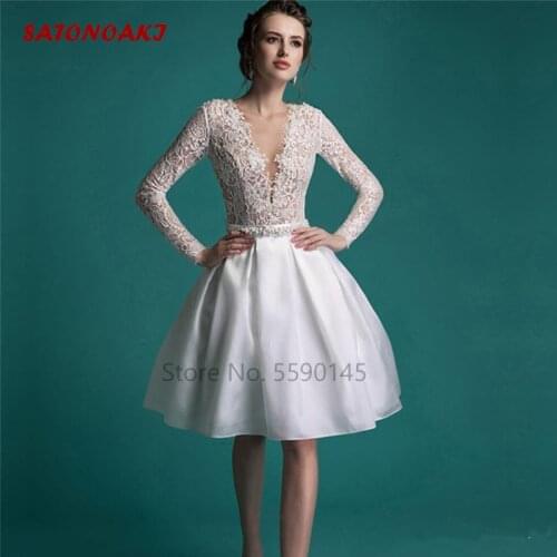 2020 New Vintage Short Lace Wedding Dress Knee Length V-Neck Pearls Long Sleeves Bridal Gown Vestidos De Noiva Mariage Undefined