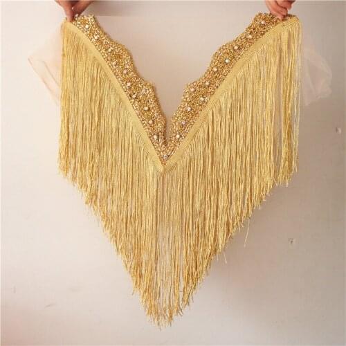 Gold Silver Single Side Wedding Embroidered Collar With Beaded Tassels Appliques Neckline With Fringe Tassels Lace