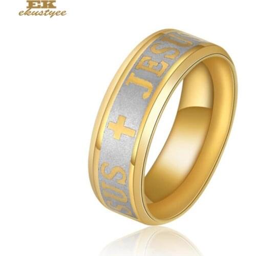 12 PCS/Lot Mix Sizes Jesus Gold Color Ring Men Wedding Bands Male Ring Stainless Steel Letter Jesus Mens Jewelry for Party