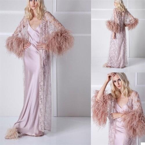 Feather 2 Pieces Lace Appliqued Night Robe V Neck Long Sleeves Party Sleepwear Fashion Celebrity Dress Custom Made