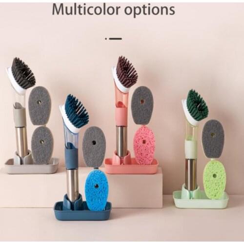 4 In 1 Kitchen Cleaning Brush Scrubber Dish Sponge Replaceable Brush Head Dish Soap Dispenser Kitchen Cleaning Set Accessories