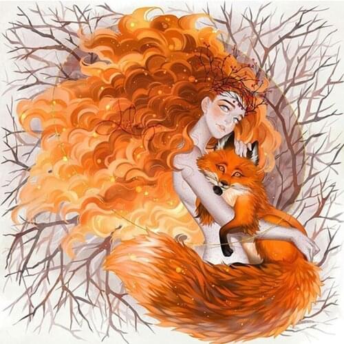 5D DIY diamond painting cross stitch Cartoon Girl & Fox circular diamond embroidery Cartoon needle thread rhinestone painting