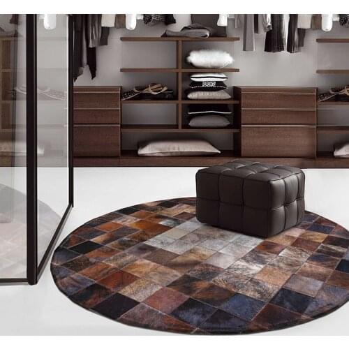 American style luxury natural brown color round cowhide patchwork rug , handmadecow skin fur chequer carpet for living room