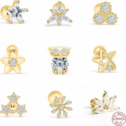 BOAKO 925 Sterling Silver Cubic Zirconia Stud Earrings For Women White Crystal Cute Owl Star Flower Shape Ear Studs Gift For Her