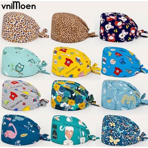 Wholesale printing Cotton Elastic beauty salon Work Hats lab working caps men&women pet grooming scrubs caps bouffant scrub hat
