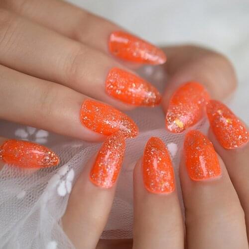 Holo Laser Silver Glitter Orange Neon Color False Fake Nails Stiletto Press on Full Cover Finger Daily Wear 24pcs UV Nail Tip