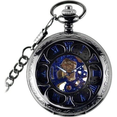 Luxury Brand Pocket Watch Blue Steampunk Skeleton Mechanical Pocket Watch Men Antique Pocket & Fob Watches Fob Chain Male Clock