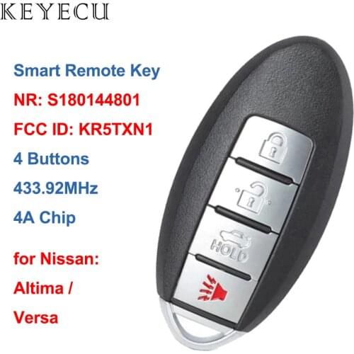 Keyecu S180144801 Smart Remote Key Fob 4 Buttons 433.92MHz 4A for Nissan Altima Versa 2019 2020 FCC ID: KR5TXN1, IC: 7812D-TXN1