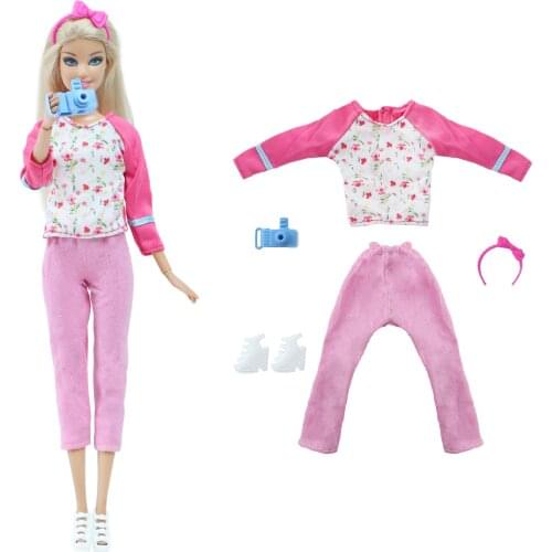 High Quality Doll Outfit Girl Wear Pink Flower Blouse Trousers Sandals Hairband Mini Camera Clothes for Barbie Doll Accessories