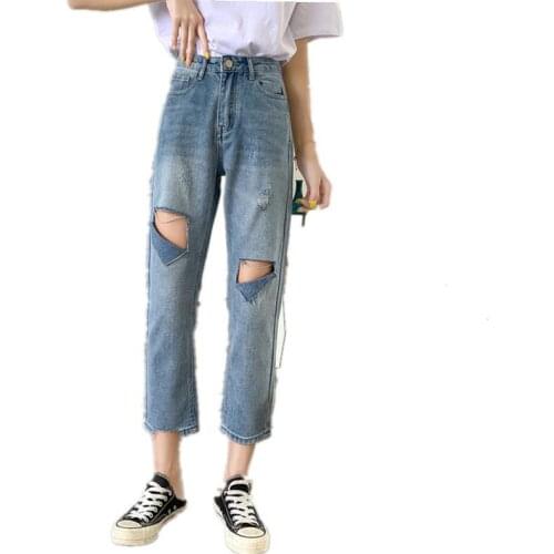 Wholesale 2020 New autumn jeans womens loose denim pants high-waisted thin girls students' ripped straight ankle length pants