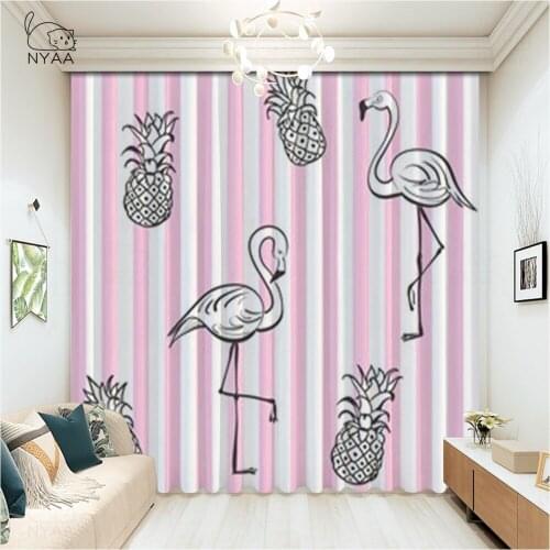 Summer Pink Flamingo Leaf Beach 3D Curtain Printed Curtains For Kitchen Ready Cartoon Curtains On The Window Panel Micro Shading
