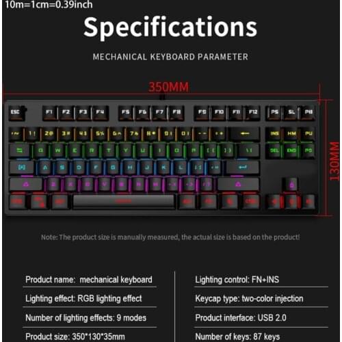 USB Wired 87 Key Waterproof Compact Gaming Keyboard RGB Backlight Compact Keyboard for PC Laptop Gamer