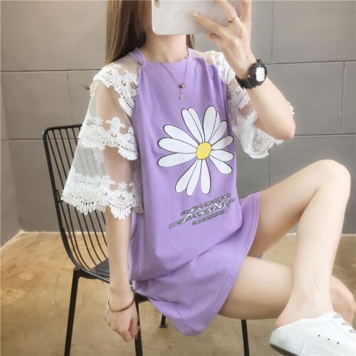 Taro Purple Mid-length Short-sleeved T-shirt Women Summer New Small Daisy Loose Lace Hollow Top Shirts for Women 2021 New