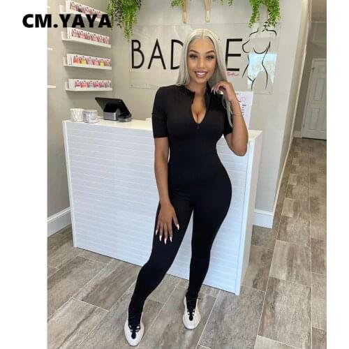 CM.YAYA Women Jumpsuit Solid Short Sleeve Zip Stand Collar Stretchy Bocyon Pencil Jumpsuits Casual Fashion Outfits Summer 2021