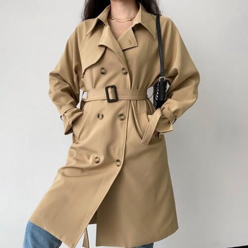 Vintage UK Brown Turn Down Collar Double Breasted Long Trench Coat Women Spring Autumn Elegant Lace Up Jackets Windbreaker Nice