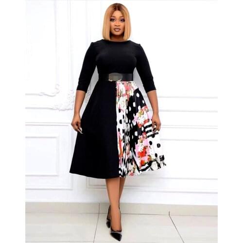 Ins Style 2021 Dress Women Clothing Summer High Waisted A Line Three Point Sleeve OL Retro Patchwork Midi Office Dresses Plus