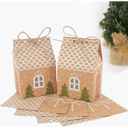 5pcs Christmas Candy Box House Shape Kraft Paper Gift Box With Hemp Rope For New Year Xmas Party Home Decor Cookie Packaging Bag
