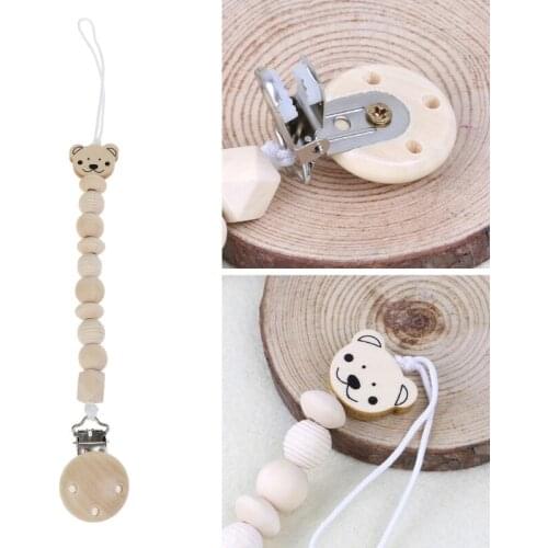 Baby Dummy Chain Wood Pacifier Clip Bear Head Bead Dummy Clip Infant Teether Toy