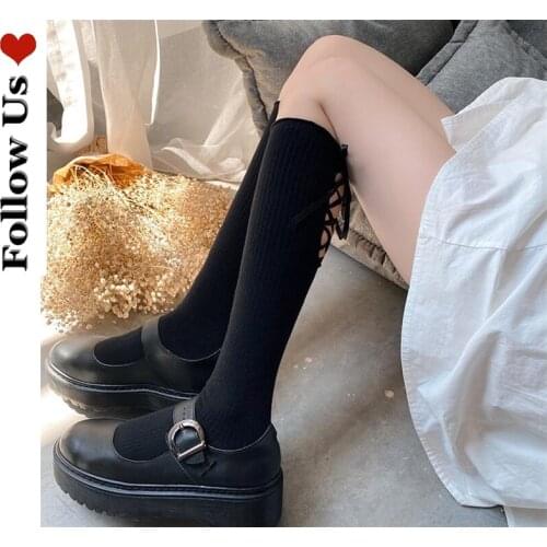Harajuku Japanese Knee High Socks Gothic Woman Ribbon Tie Bow Cotton Stockings with Wooden Ears Ins Student Girl Lolita Socks